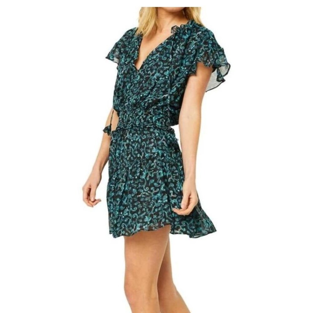 MISA Los Angeles Lyra Mini Dress in Teal Shimmer Lurex Floral Ruffle Chiffon XS